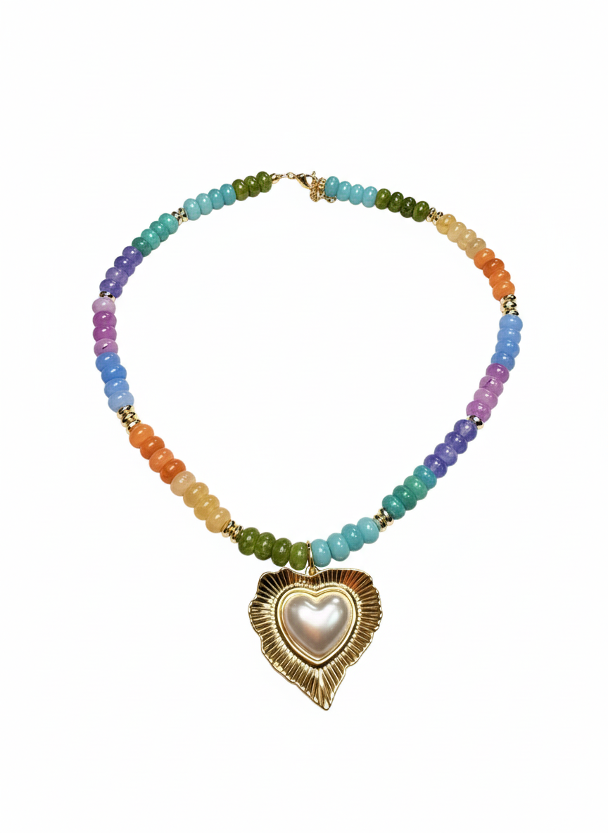 Spring rainbow beaded necklace with pearl heart