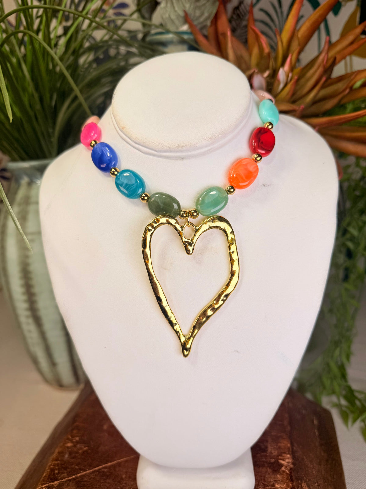 Rainbow beaded necklace with open heart