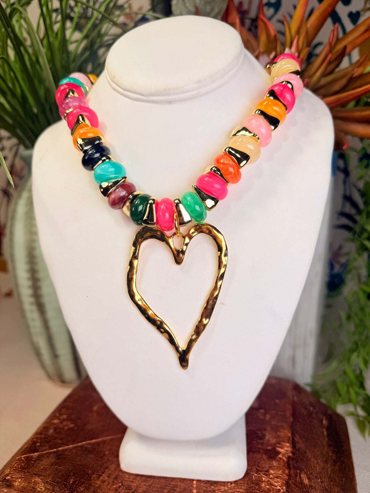 Multi color beaded NL with open gold heart