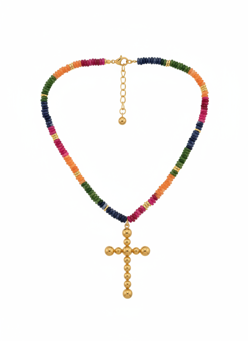 Rainbow beaded necklace with cross