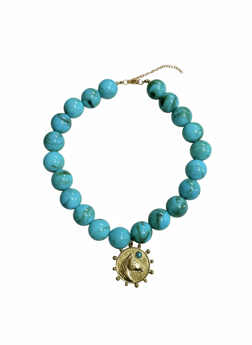 Turquoise beaded necklace with horse pendant