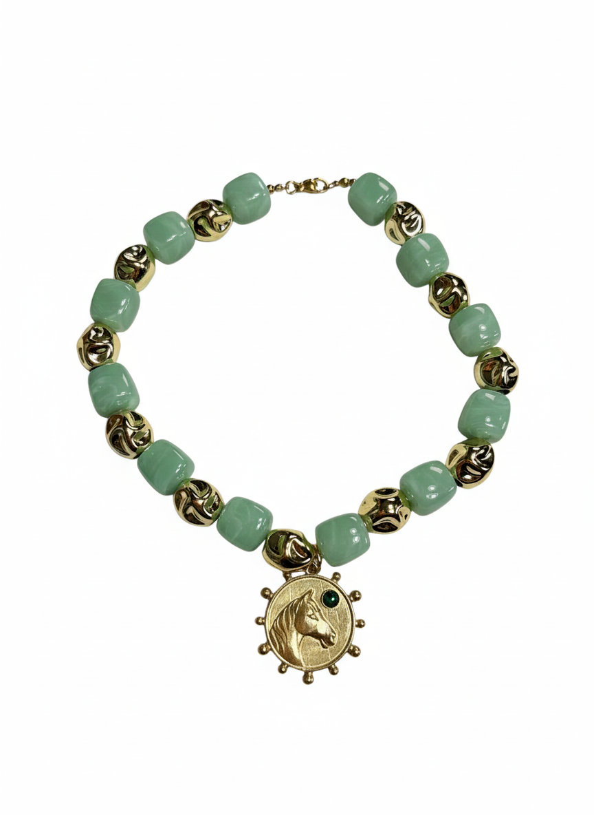 Sage green beaded necklace with horse pendant