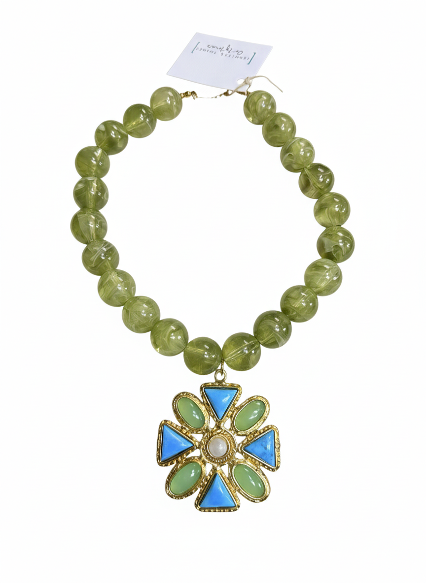 Olive green beaded necklace with gemstone pendant