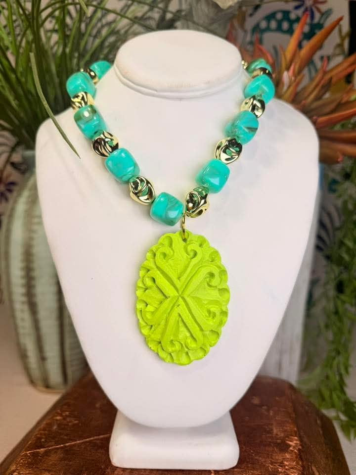 Lime statement pendant with turquoise beaded necklace