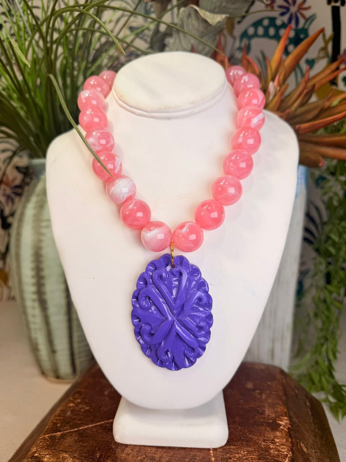 Purple pendant with pink necklace